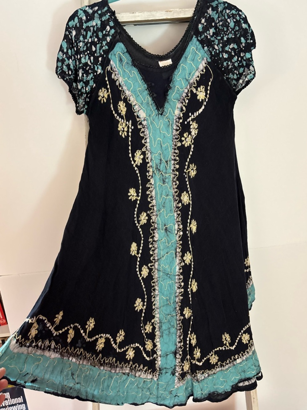 Embroidered dress Boho batik fabric India summer navy with teal and yellow /gold
